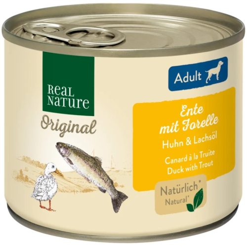 Real Nature Original Hrană umedă pentru câini adulți, cu rață și păstrăv 200 g