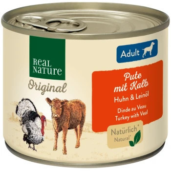 Real Nature Original Hrană umedă pentru câini adulți, cu curcan și vițel 200 g