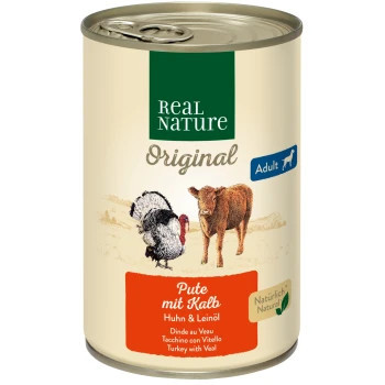 Real Nature Original Hrană umedă pentru câini adulți, cu curcan și vițel 400 g
