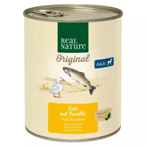 Real Nature Original Hrană umedă pentru câini adulți, rață și păstrăv 800 g