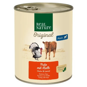 Real Nature Original Hrană umedă pentru câini adulți, cu curcan și vițel 800 g