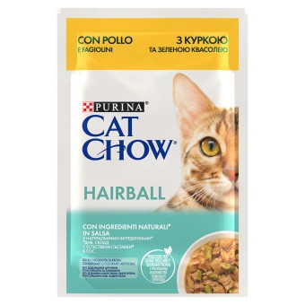 Cat Chow Hairball Control Hrană umedă pentru pisici, cu pui și fasole verde în sos 85g
