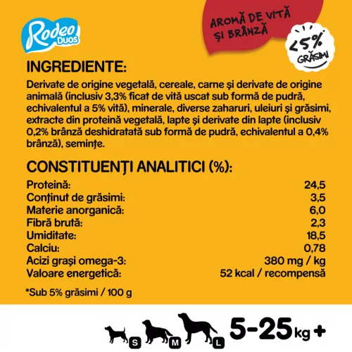 Pedigree Rodeo Duos Hrană complementară cu aromă de vită și brânză pentru câini adulți, 7 buc 123 g