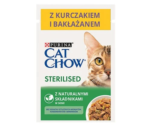 Cat Chow Sterilised Hrană umedă pentru pisici, cu pui și vinete în sos 85g