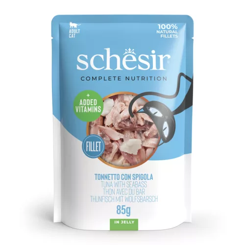 Schesir Hrană umedă completă pentru pisici adulte cu ton și biban în aspic 85 g