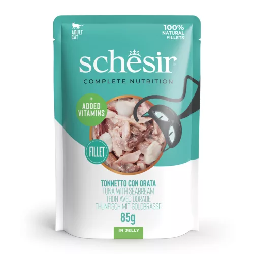 Schesir Hrană umedă completă pentru pisici cu ton și doradă în aspic 85 g