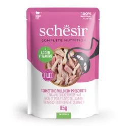   Schesir Hrană umedă completă pentru pisici adulte cu ton, pui și șuncă în aspic 85 g