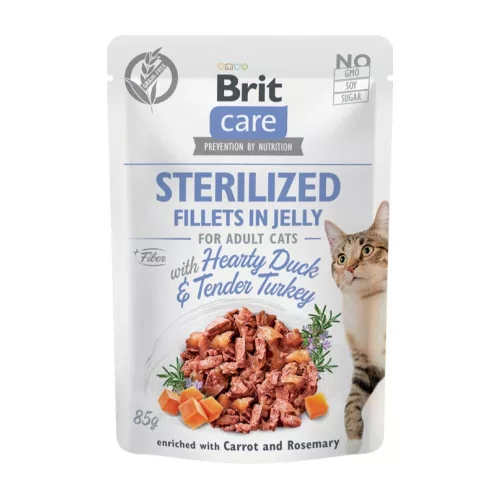 Brit Care Sterilised Hrană umedă pentru pisici adulte cu rață și curcan în aspic 85 g