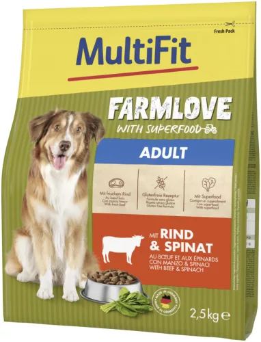 MultiFit Farmlove Hrană uscată pentru câini adulți cu vită și spanac 2,5 kg