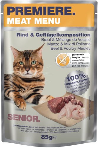 Premiere Meat Menu Hrană umedă pentru pisici senioare, cu vită și păsăre 85 g