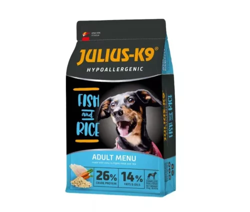 Julius K9 Hrană uscată hipoalergenică pentru câini adulți cu pește și orez 3 kg