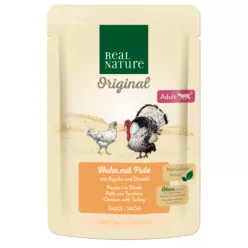   Real Nature Hrană umedă pentru pisici adulte cu pui și curcan în sos 85 g