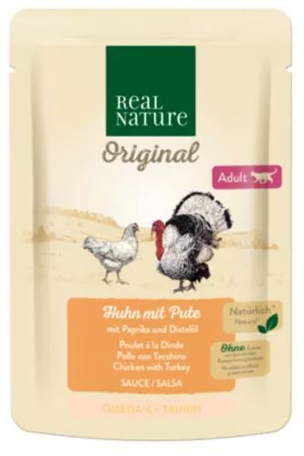 Real Nature Hrană umedă pentru pisici adulte cu pui și curcan în sos 85 g