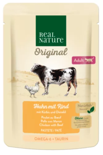 Real Nature Hrană umedă pentru pisici adulte cu pui, vită și dovleac  85 g
