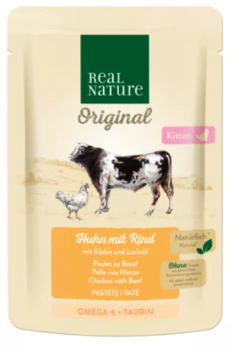 Real Nature Hrană umedă pentru pisoi cu pui, vită și dovleac 85 g