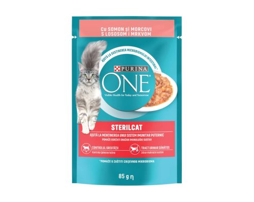 Purina One SterilCat Hrană umedă pentru pisici, mini fileuri în sos cu somon și morcovi 85 g