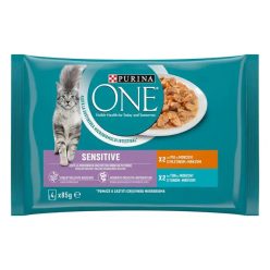   Purina One Sensitive Hrană umedă pentru pisici, mini fileuri în sos cu pui și ton 4 x 85 g