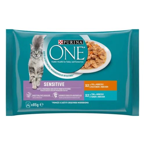 Purina One Sensitive Hrană umedă pentru pisici, mini fileuri în sos cu pui și ton 4 x 85 g