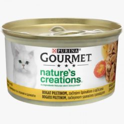   Gourmet Nature's Creations Hrană umedă pentru pisici, mini fileuri în sos cu pui, spanac și roșii 85 g