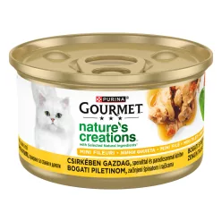   Gourmet Nature's Creations Hrană umedă pentru pisici, mini fileuri în sos cu pui, spanac și roșii 85 g