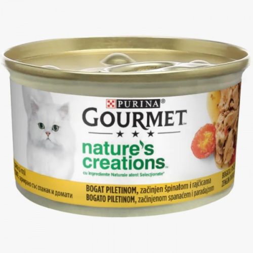 Gourmet Nature's Creations Hrană umedă pentru pisici, mini fileuri în sos cu pui, spanac și roșii 85 g