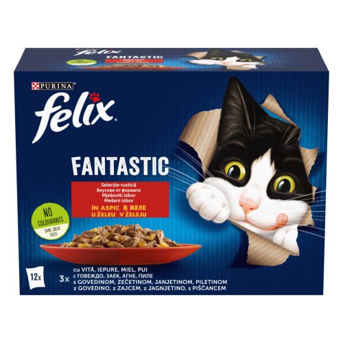 Felix Fantastic Hrană umedă pentru pisici, Selecție Rustică, cu vită, pui, iepure, miel în aspic 12x85 g