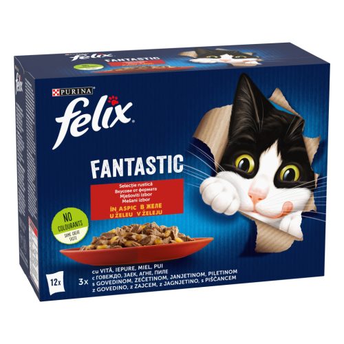 Felix Fantastic Hrană umedă pentru pisici, Selecție Rustică, cu vită, pui, iepure, miel în aspic 12x85 g