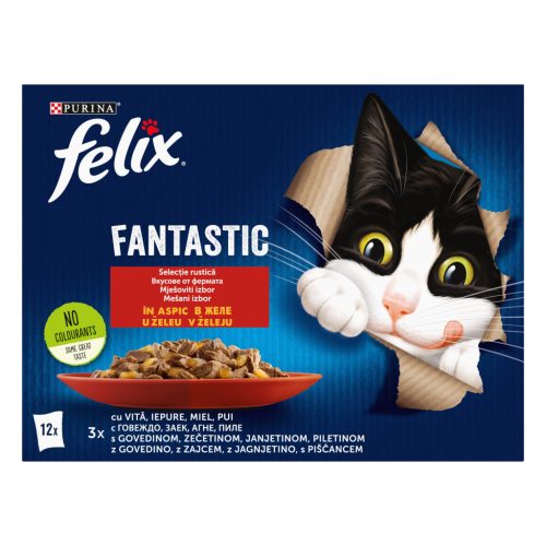 Felix Fantastic Hrană umedă pentru pisici, Selecție Rustică, cu vită, pui, iepure, miel în aspic 12x85 g