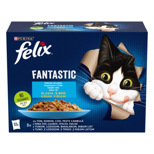 Felix Fantastic Hrană umedă pentru pisici, Selecție de pește, cu ton, somon, cod, pește cambulă în aspic 12x85 g