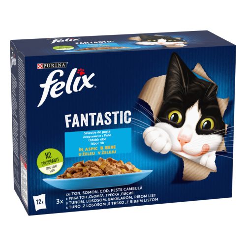 Felix Fantastic Hrană umedă pentru pisici, Selecție de pește, cu ton, somon, cod, pește cambulă în aspic 12x85 g