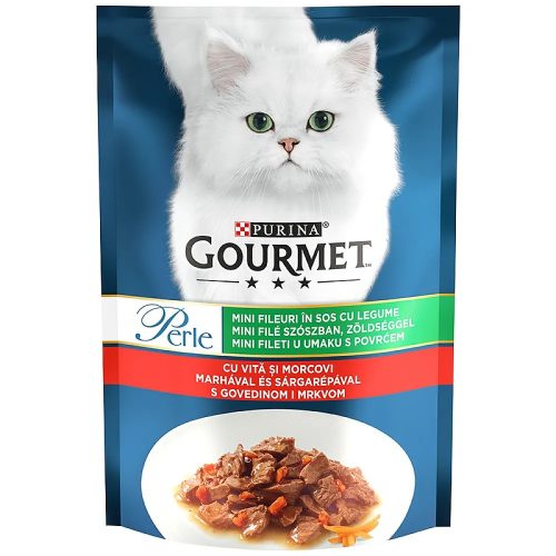 Gourmet Perle Hrană umedă pentru pisici, mini fileuri în sos cu vită și morcovi 85 g