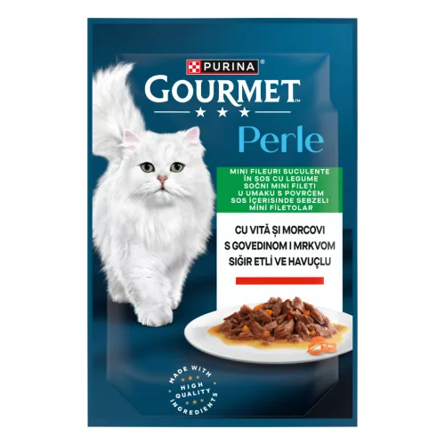 Gourmet Perle Hrană umedă pentru pisici, mini fileuri în sos cu vită și morcovi 85 g