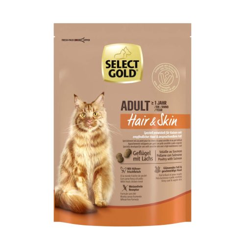 Select Gold Hair&Skin Hrană uscată pentru pisici adulte, cu pasăre și somon 300g