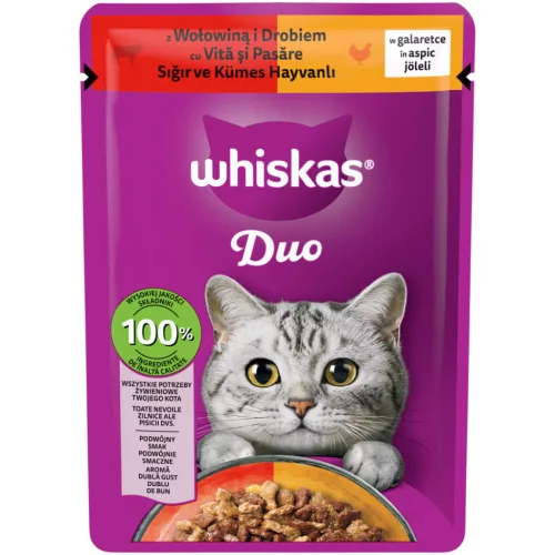 Whiskas Duo Hrană umedă pentru pisici adulte cu vită și pasăre în aspic 85 g