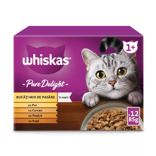 Whiskas Pure Delight hrană umedă pentru pisici adulte cu carne de pasăre în aspic 12 x 85 g