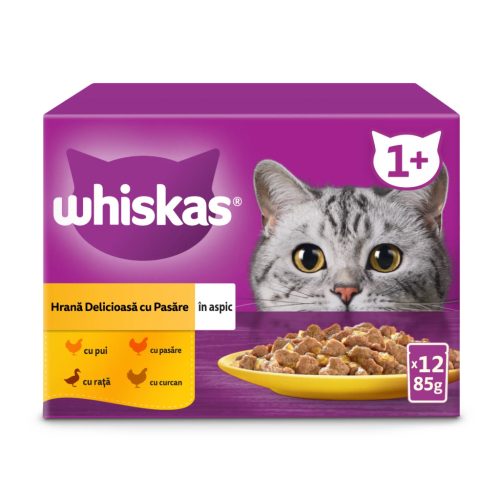 Whiskas hrană umedă pentru pisici adulte cu carne de pasăre în aspic 12 x 85 g