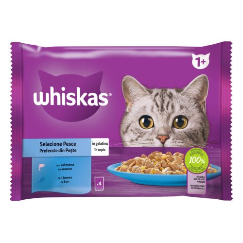 Whiskas hrană umedă pentru pisici adulte, selecții de pește în aspic 4 x 85 g