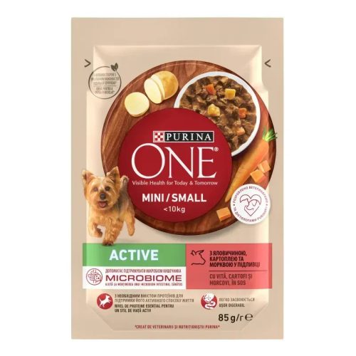 Purina One Mini Active Hrană umedă pentru câini, cu vită, cartofi și morcovi în sos 85 g