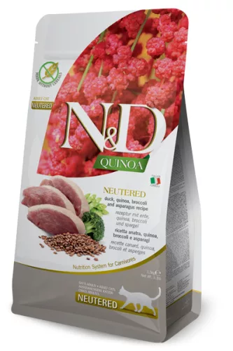 N&D Quinoa Neutered Hrană uscată pentru pisici sterilizate cu rață 1,5 kg