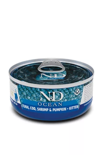 N&D Ocean Hrană umedă pentru pisoi cu ton, cod și creveți 70 g