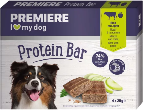 Premiere Snack Protein Bar Recompense pentru câini cu vită și mere 4 x 25 g