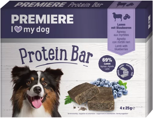 Premiere Baton proteic pentru câini adulți cu miel și afine 4x25 g 