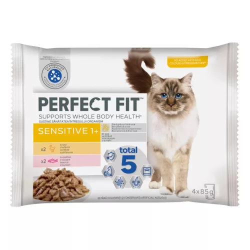 Perfect Fit hrană umedă cu pui și somon în sos pentru pisici sensibile adulte 4 x 85 g