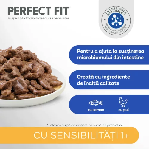 Perfect Fit hrană umedă cu pui și somon în sos pentru pisici sensibile adulte 4 x 85 g