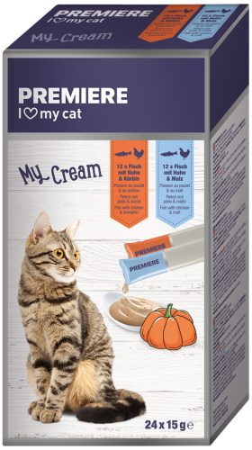 Premiere My Cream Gustare pentru pisici, cu pui, ton si dovleac 24 x 15 g