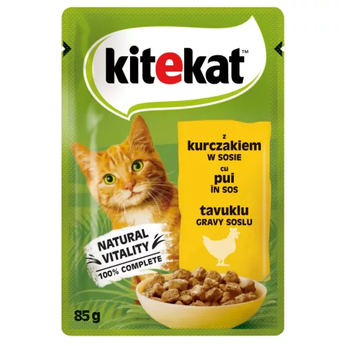 Kitekat hrană umedă pentru pisici adulte, bucățele de pui în sos 85 g