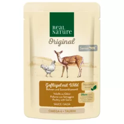   Real Nature Hrană umedă pentru pisici senior cu pasăre și vânat în sos 85 g