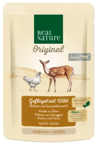 Real Nature Hrană umedă pentru pisici senior cu pasăre și vânat în sos 85 g
