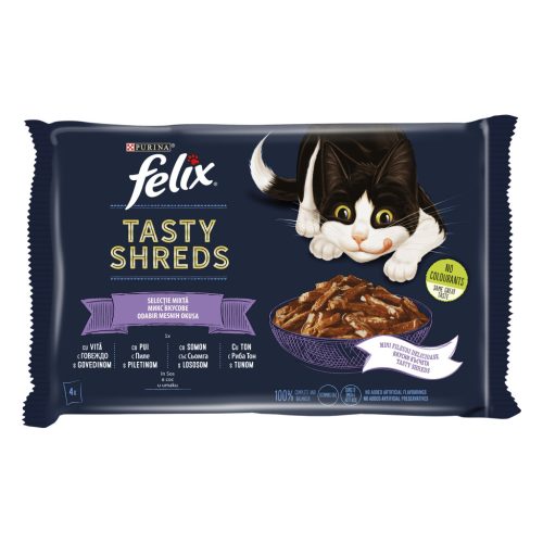 Felix Tasty Shreds Hrană umedă pentru pisici, selecție mixtă cu vită, pui, somon, ton în sos 4x80g
