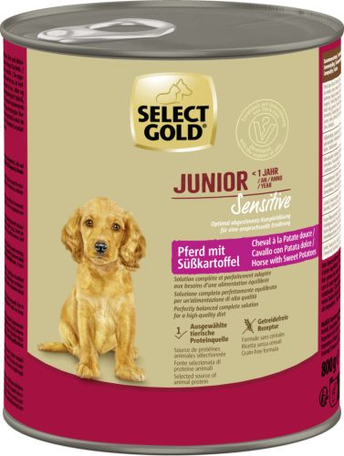 Select Gold Sensitive Hrană umedă pentru câini juniori de talie medie, cu cal și cartofi dulci  800 g